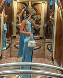 Blue Exquisite Sexy Backless Sleeveless Long Satin Floor Length Ball Gown Evening Dress Birthday Party Dress HZ1023