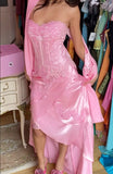 Pink Elegant Fashion Sweetheart Neckline Exquisite Beading Long satin lace Ruffled Ball Gown Evening Dress Party Dress HZ1023