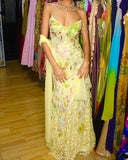 Yellow fashion elegant exquisite beaded spaghetti strap tulle long ruffled lace ball gown evening dress party dress prom dress HZ1023