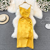 V-neck slim slim acetate Satin pleated split dress dress HZ1023