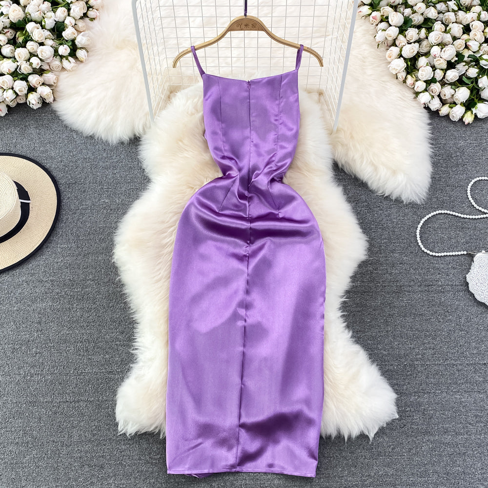 Slim and slim pleated sleeveless diagonal neck strap Hip Wrap Dress HZ1023