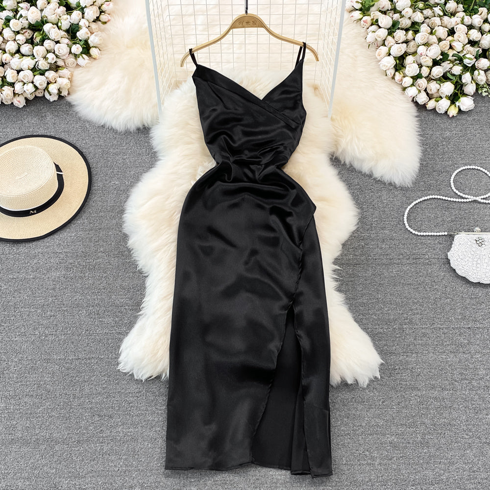 V-neck slim slim acetate Satin pleated split dress dress HZ1023