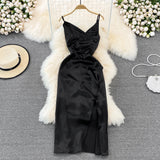 V-neck slim slim acetate Satin pleated split dress dress HZ1023