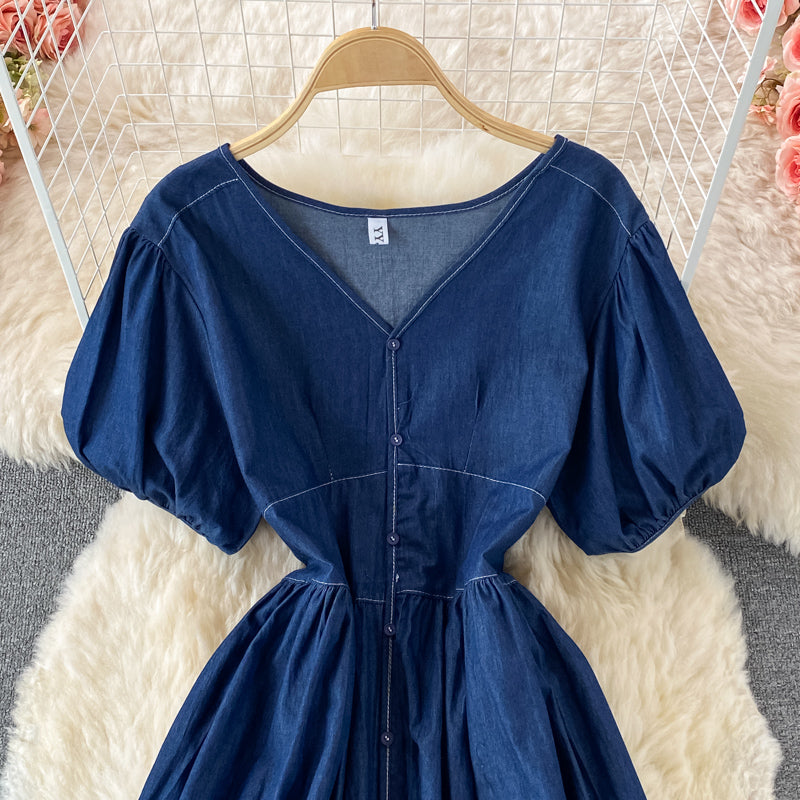 Simple V Neckline Denim Dress A Line Fashion Dress HZ1023