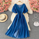 Simple V Neckline Denim Dress A Line Fashion Dress HZ1023