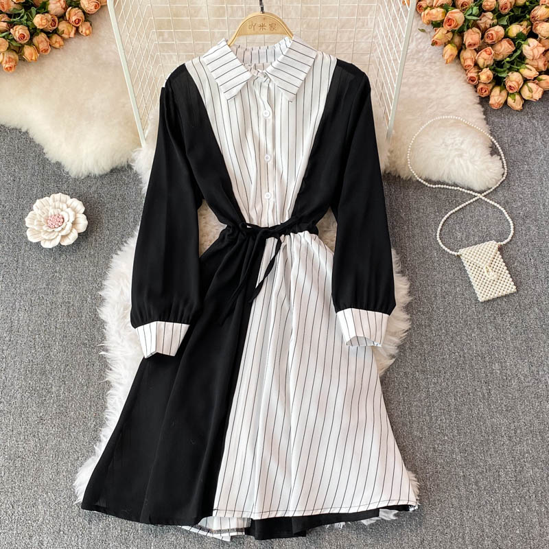 Simple A Line Striped Shirt Dress HZ1023