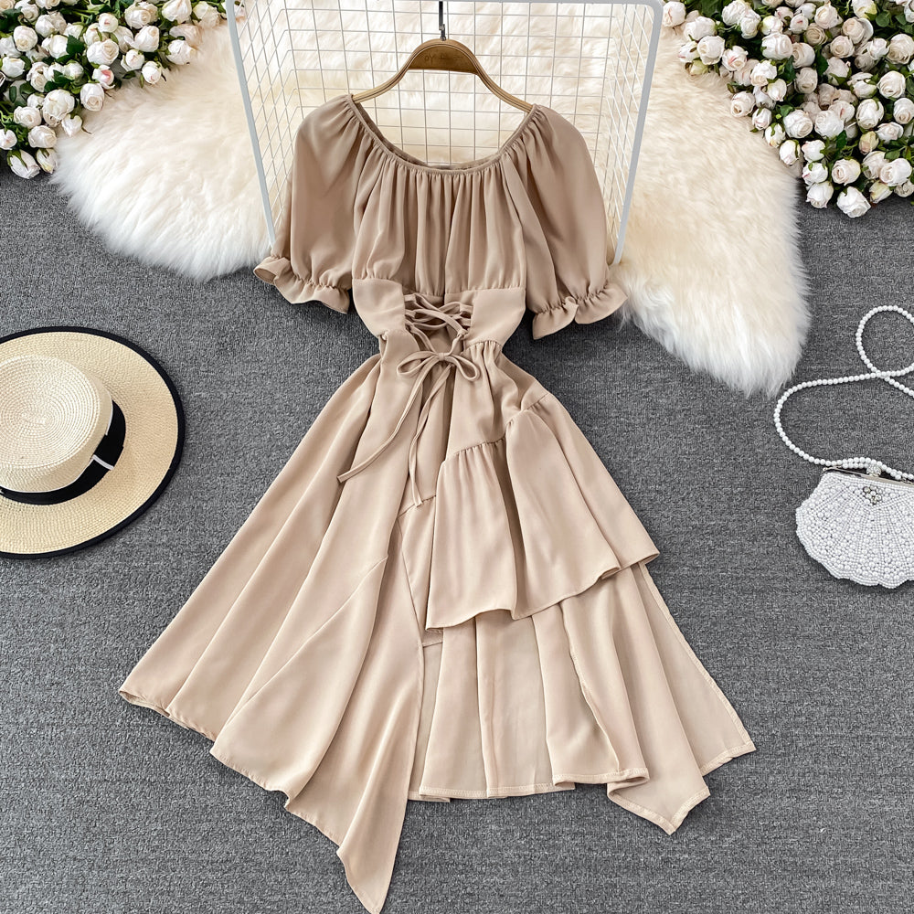 Simple Lace-Up Dress With Irregular Dress HZ1023