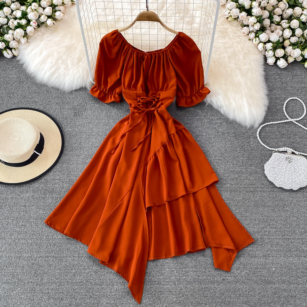 Simple Lace-Up Dress With Irregular Dress HZ1023