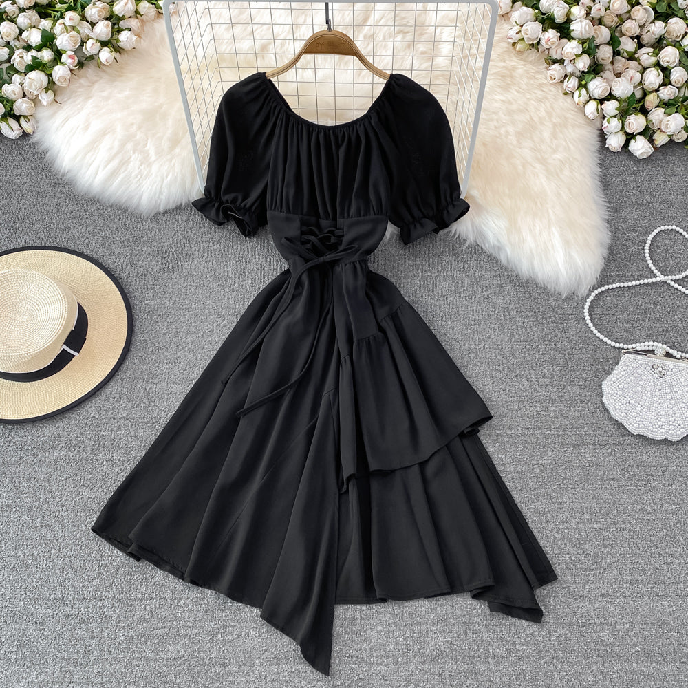 Simple Lace-Up Dress With Irregular Dress HZ1023