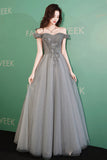 Gray tulle beads long prom dress gray evening dress HZ1023