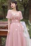 Pink tulle long prom dress A line evening dress HZ1023