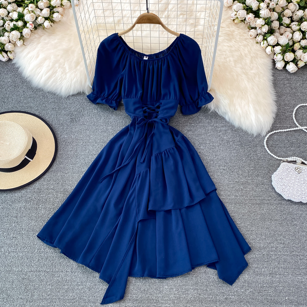 Simple Lace-Up Dress With Irregular Dress HZ1023