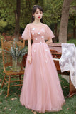 Pink tulle long prom dress A line evening dress HZ1023
