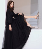 Black tulle lace long prom dress A line evening dress HZ1023