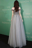 Gray tulle beads long prom dress gray evening dress HZ1023