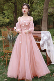 Pink tulle long prom dress A line evening dress HZ1023