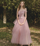 Pink tulle lace long prom dress pink evening gown HZ1023