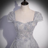 Gray tulle lace long prom dress A line evenig gown HZ1023