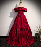 Red satin off shoulder elegant simple long ball gown A-line evening dress HZ1023