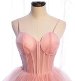 Pink tulle long prom dress A line evening gown HZ1023