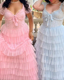 Pink/Green/Blue Delicate Lace Sweet Elegant Cute Long Layered Tulle Chiffon Ball Gown Evening Dress Garden Party Dress Prom Dress HZ1023