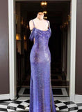 Purple Shiny Elegant Spaghetti Straps Sexy Slit Long Mermaid Slim Sequin Ball Gown Evening Dress HZ1023