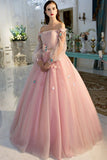 Pink delicate floral applique fairy long sleeves long tulle ball gown evening dress HZ1023