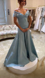 Blue elegant simple off-shoulder tulle long ball gown evening dress HZ1023