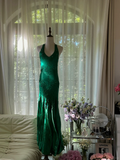Green Gorgeous Shiny Fashion Elegant Delicate Lace Beading Long Satin Chiffon Fairy Ball Gown Evening Dress Birthday/Wedding Guest/Holiday Party Dress Prom Dress Valentine's Day Date Dress HZ1023