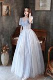 Cute tulle beads long prom dress blue evening dress HZ1023
