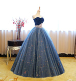 Blue tulle lace long ball gown dress blue evening dress HZ1023