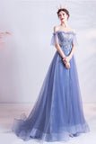 Blue tulle lace long A line prom dress evening dress HZ1023
