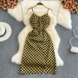 Fashion sleeveless backless split V-neck checkerboard dress HZ1023
