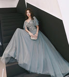 Grey tulle lace long prom dress lace evening dress HZ1023