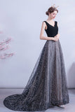 Black tulle sequins long A line prom dress evening dress HZ1023