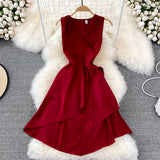 V-neck high waist slim Ruffle sleeveless A-line dress HZ1023