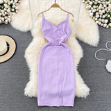 Slim and slim pleated sleeveless V-neck open hip dress HZ1023