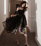 Unique design black tulle short prom dress HZ1023