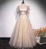 Champagne tulle sequins long prom dress evening gown HZ1023