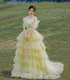 Yellow tulle long ball gown dress A line evening gown HZ1023