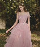 Pink tulle lace long prom dress pink evening gown HZ1023