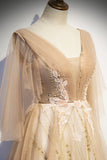 Champagne v neck lace long prom dress A line evening dress HZ1023