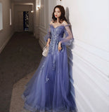 Blue tulle lace long prom dress A line evening gown HZ1023