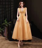 Yellow tulle tea length prom dress evening dress HZ1023
