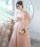 Pink tulle long A line prom dress pink evening gown HZ1023