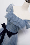 Bule tulle long A line prom dress blue evening dress HZ1023