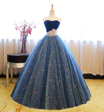 Blue tulle lace long ball gown dress blue evening dress HZ1023