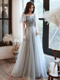 Gray tulle beads prom dress evening dress HZ1023