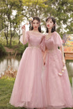 Pink Tulle Long A-Line Ball Gown Evening Gown Bridesmaid Dresses HZ1023