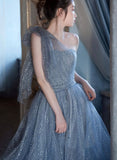 Blue tulle sequins long prom dress one shoulder evening dress HZ1023